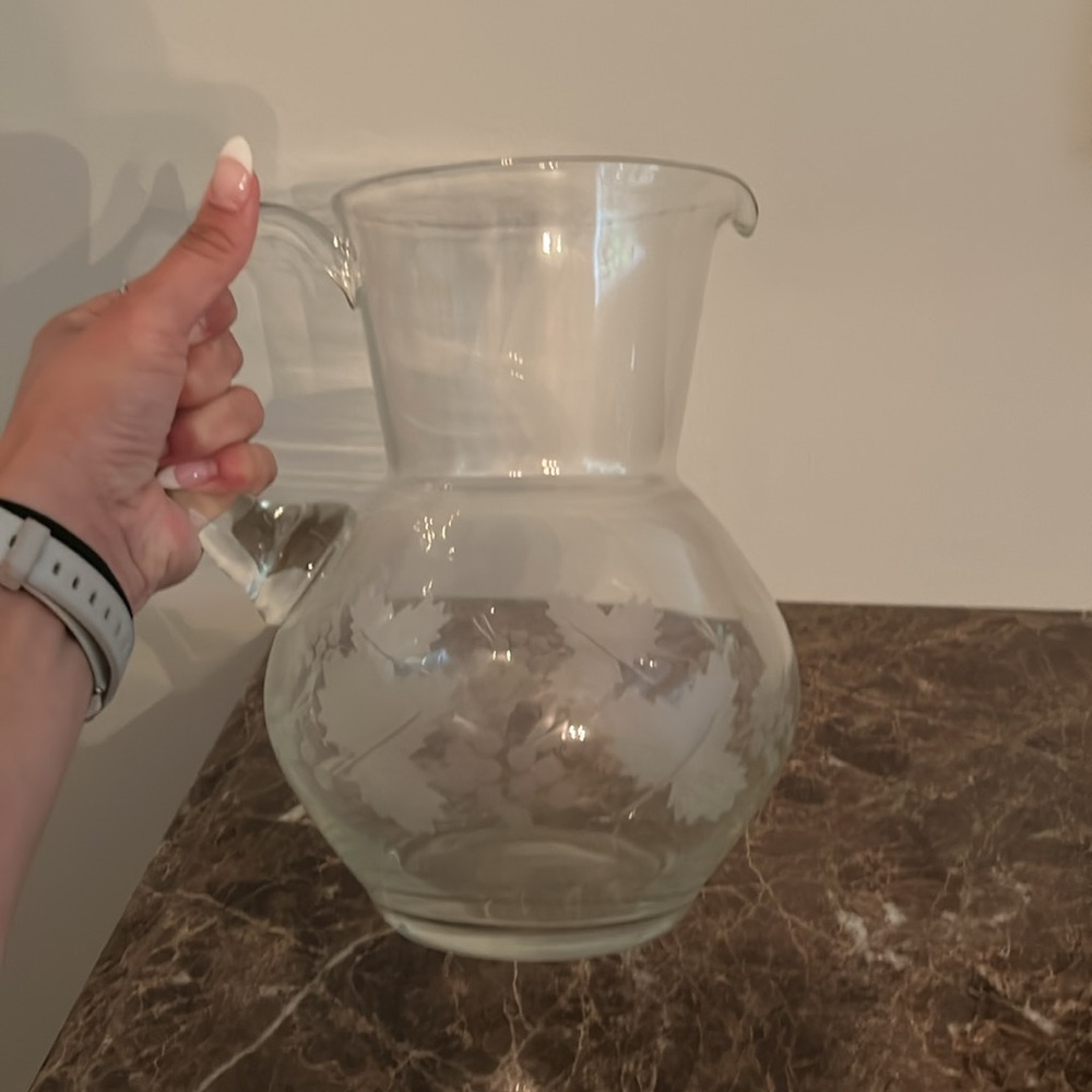 Glass Pitcher with Grape & Leaf Detailing